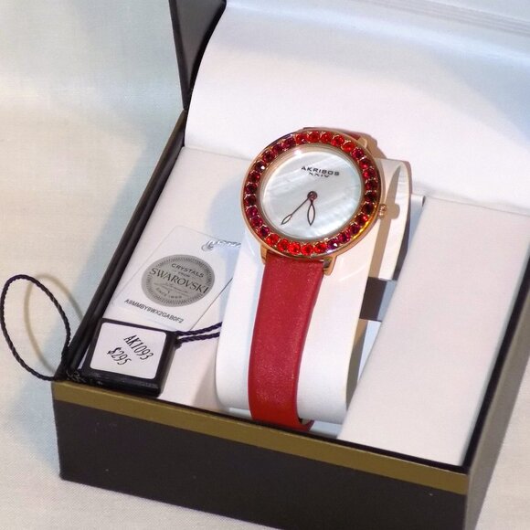 New $295 Tag Akribos XXIV Watch Swarovski Crystal Bezel, MOP Dial AK1093 Red - Picture 1 of 13